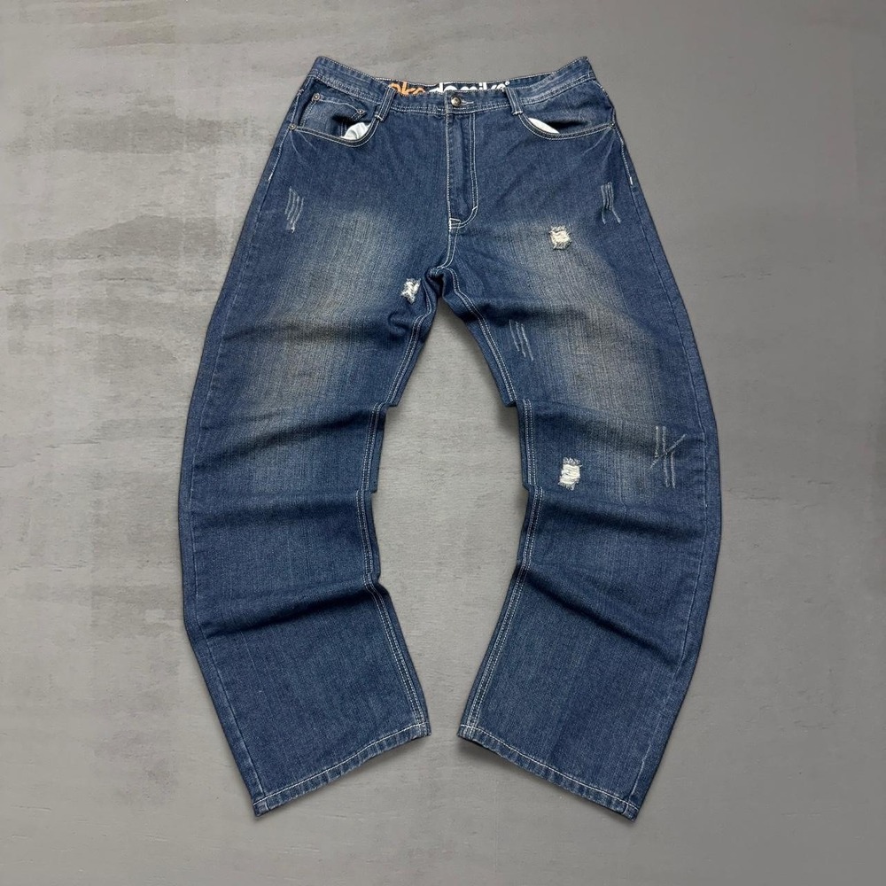 AKADEMIKS Vintage Blue Faded‎ Baggy Crazy Y2K Denim Wide Leg Jeans 36 x 33